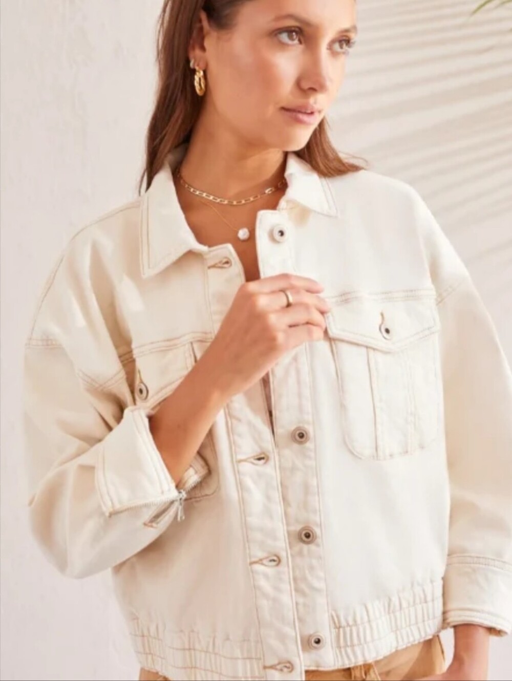 Women's White Denim Jacket Elastic Waistband Fall Country Sz L